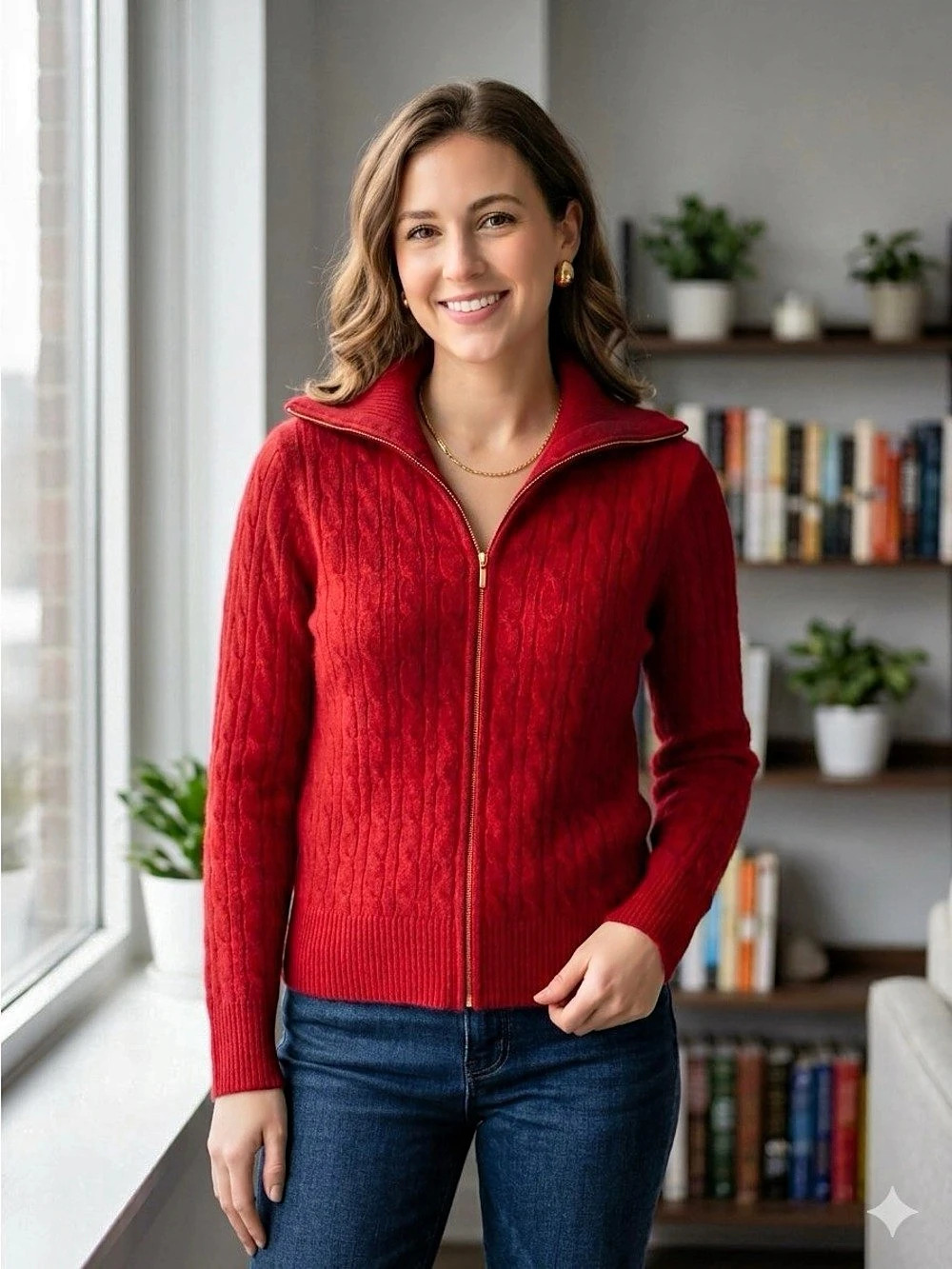 Lulu Bravo 💯 Cashemere Cable-Knit Full-Zip Mockneck Sweater Red
